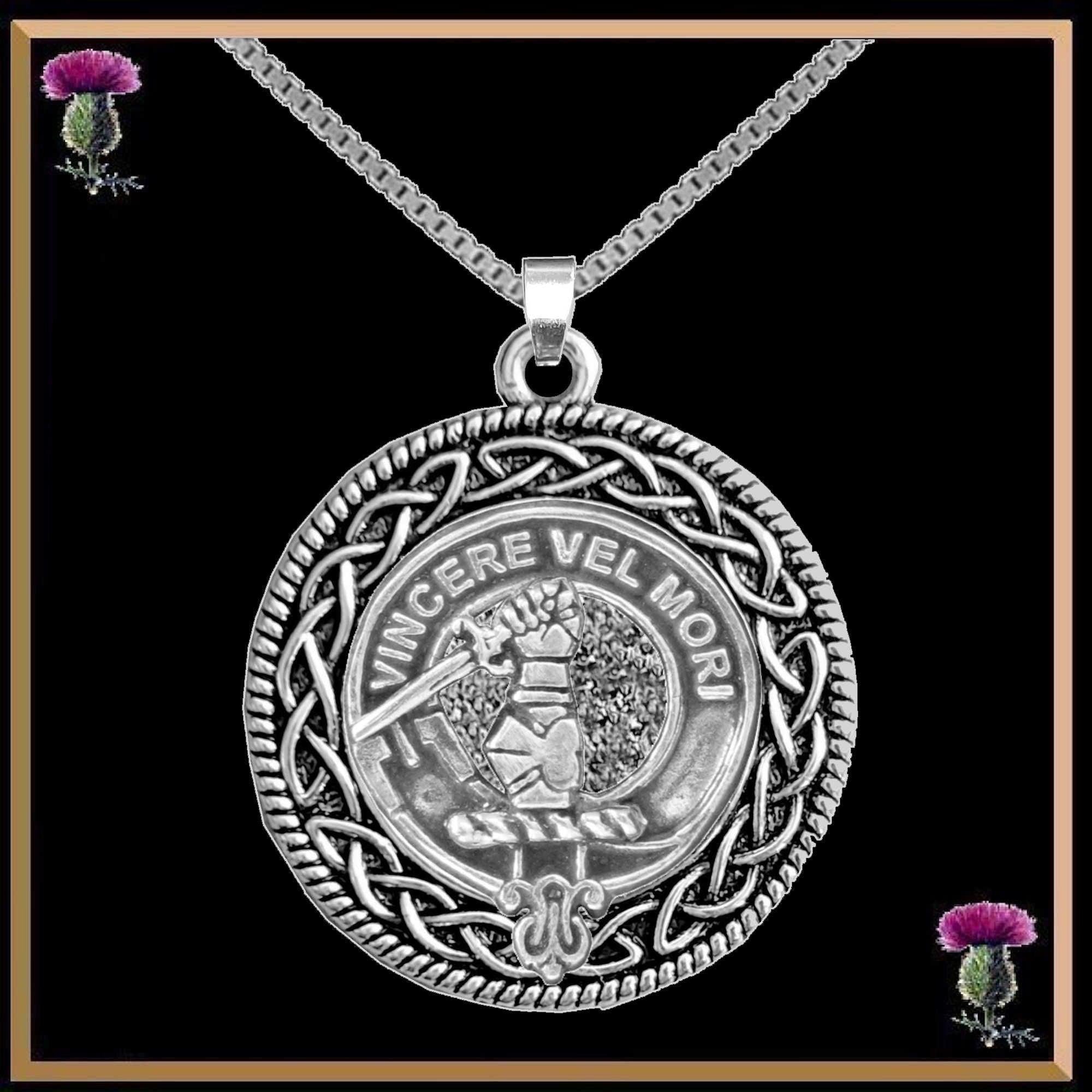MacNeil Gigha Clan Crest Celtic Interlace Disk Pendant, Scottish Family Crest  ~ CLP06