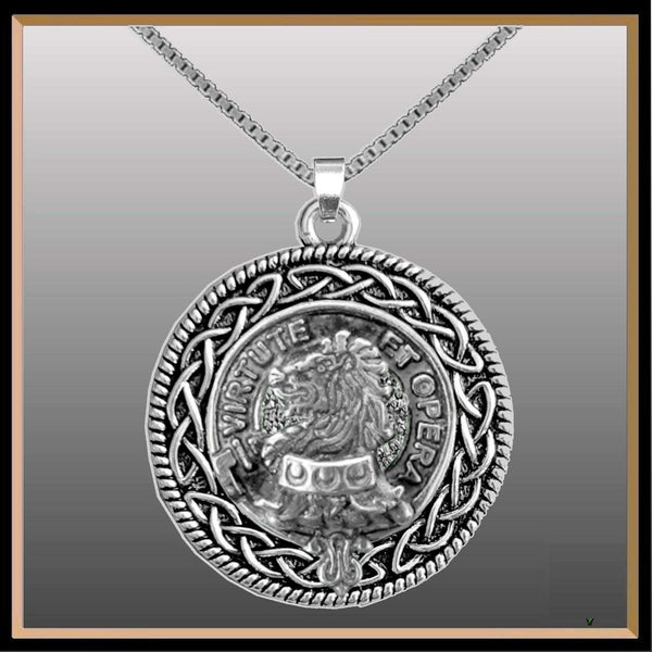 Pentland Clan Crest Celtic Interlace Disk Pendant, Scottish Family Crest  ~ CLP06