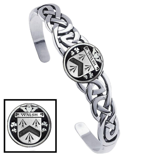 Walsh Irish Coat of Arms Disk Cuff Bracelet - Sterling Silver