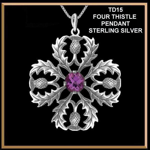 Four Thistle Scottish Snowflake Gemstone Pendant - Sterling Silver