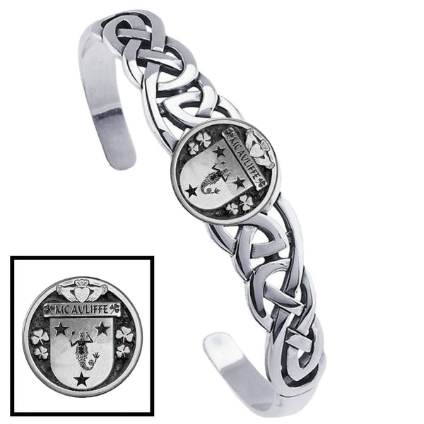 McAuliffe Irish Coat of Arms Disk Cuff Bracelet - Sterling Silver