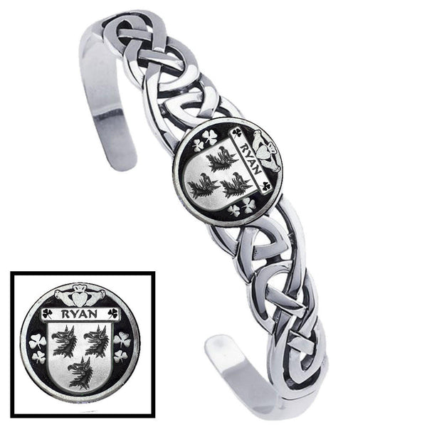 Ryan Irish Coat of Arms Disk Cuff Bracelet - Sterling Silver