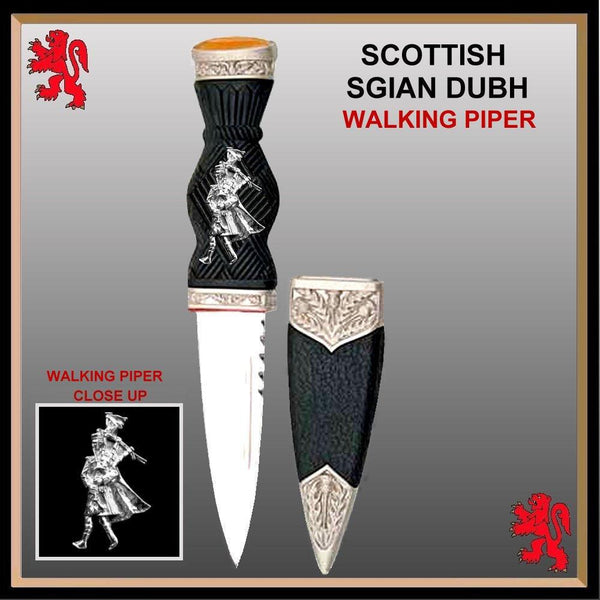 Walking Piper Sgian Dubh, Scottish Dirk, Highland Piper - Sterling Silver