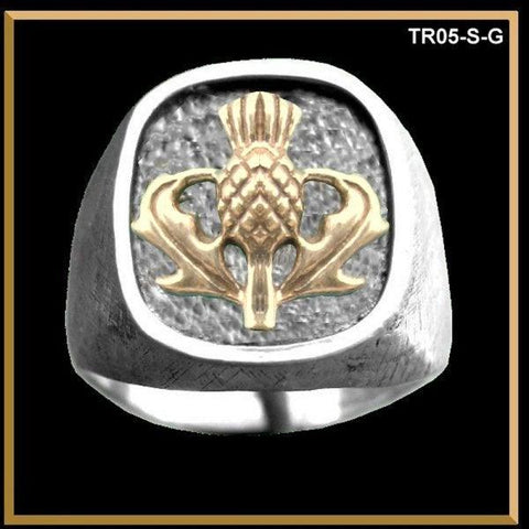 Gents Inset 10K Gold Thistle ~ Sterling Silver Ring