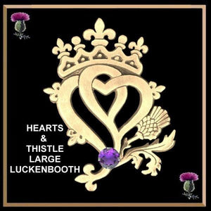 Luckenbooth Hearts and Thistle Large Brooch-14K Gold With Stone