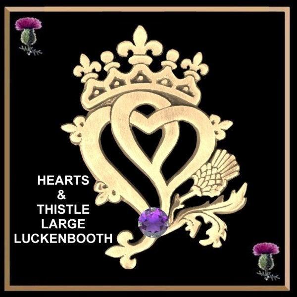 Luckenbooth Hearts and Thistle Large Brooch - Gold With Stone