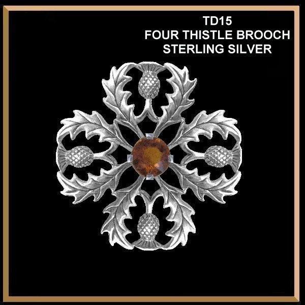 Four Thistle Scottish Snowflake Gemstone Brooch - Sterling Silver