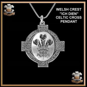 Welsh Crest Ich Dien Pendant, Celtic Cross