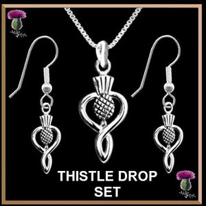 Thistle Drop Pendant Large With Small Thistle Ear Rings, Emblem Of Scotland - Sterling Silver