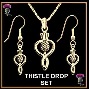 Thistle Drop Pendant Large With Small Thistle Ear Rings, Emblem Of Scotland - 10K or 14K