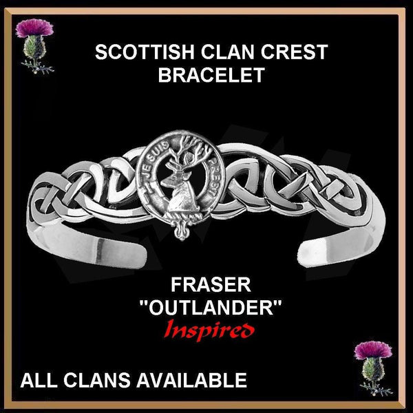 Outlander Inspired Fraser Clan Crest Celtic Cuff Bracelet, Interlace - Sterling Silver
