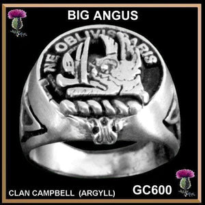 Scottish Clan Crest Ring, Big Angus, Sterling Silver - All Clans